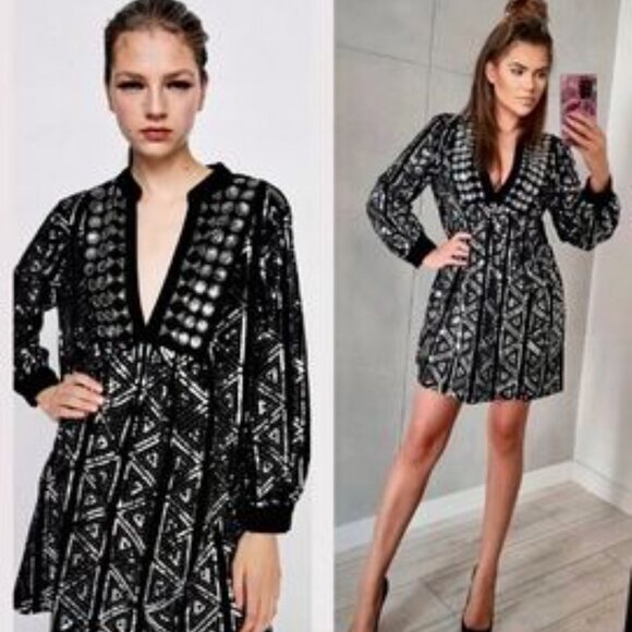 Zara Velvet Embroidered Sequin Short Dress NWT Black Silver Size Small - Picture 7 of 14